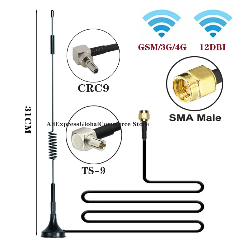 

700-2700MHz 12dBi 2G 3G 4G LTE Magnetic Antenna TS9 CRC9 SMA Male Connector GSM External Router Antenna 3M
