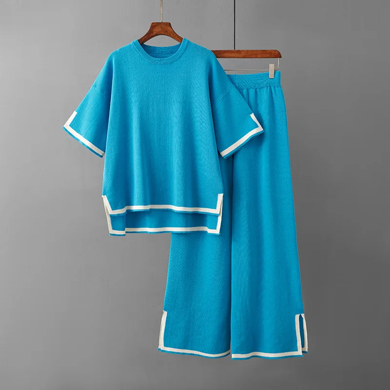 New Temperament Splicing Knit 2-Piece Womens Outifits Loose Short Sleeve Sweater Tops with Split Pants Women Two-piece Suits
New Temperament Splicing Knit 2-Piece Womens Outifits Loose Short Sleeve Sweater Tops with Split Pants Women Two-piece Suits