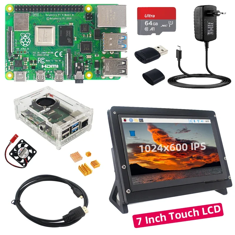 

Raspberry Pi 4 Model B 2 4 8 GB RAM 7 inch IPS Touch Screen Holder 64 32 GB TF Card Fan Power Adapter for RPi 4 B