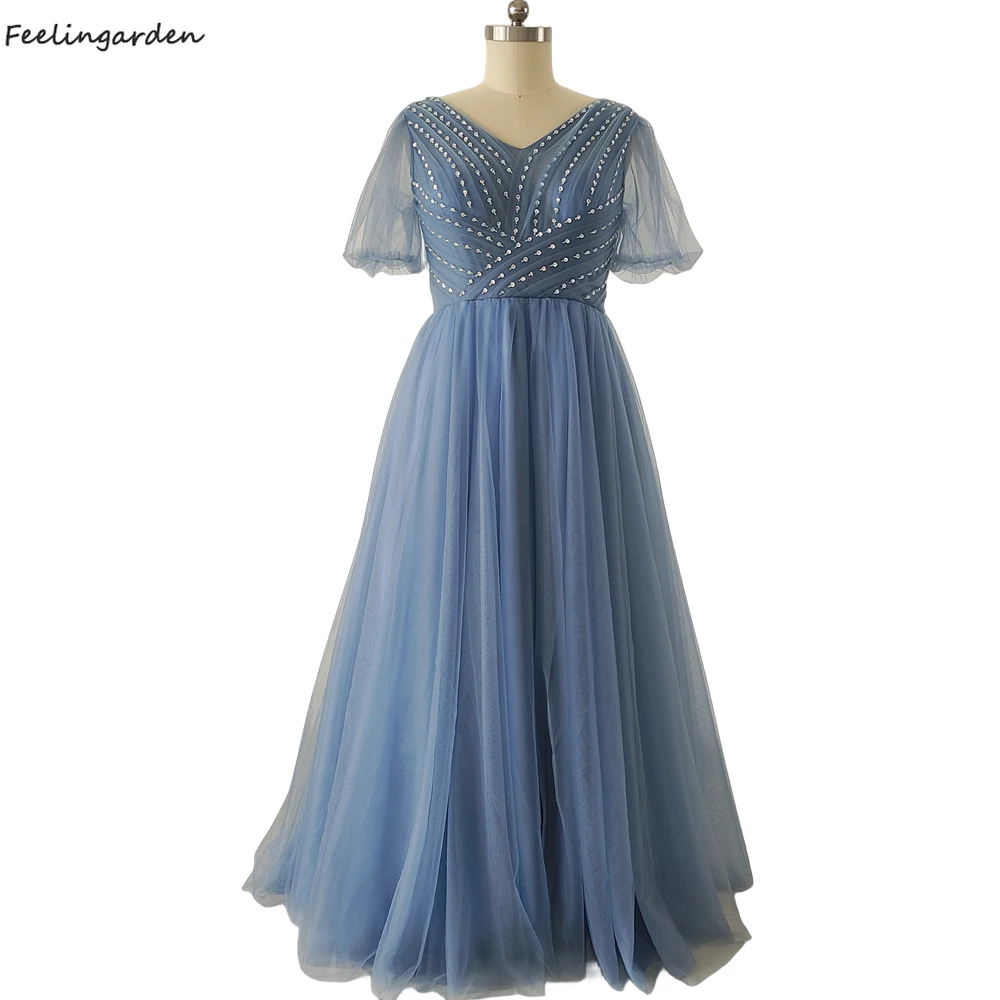 

Feelingarden Haze Blue Beads Evening Dress Short Sleeves Lace Up V-Neck Floor Length A-Line Plus Size Women party Dresses XE096