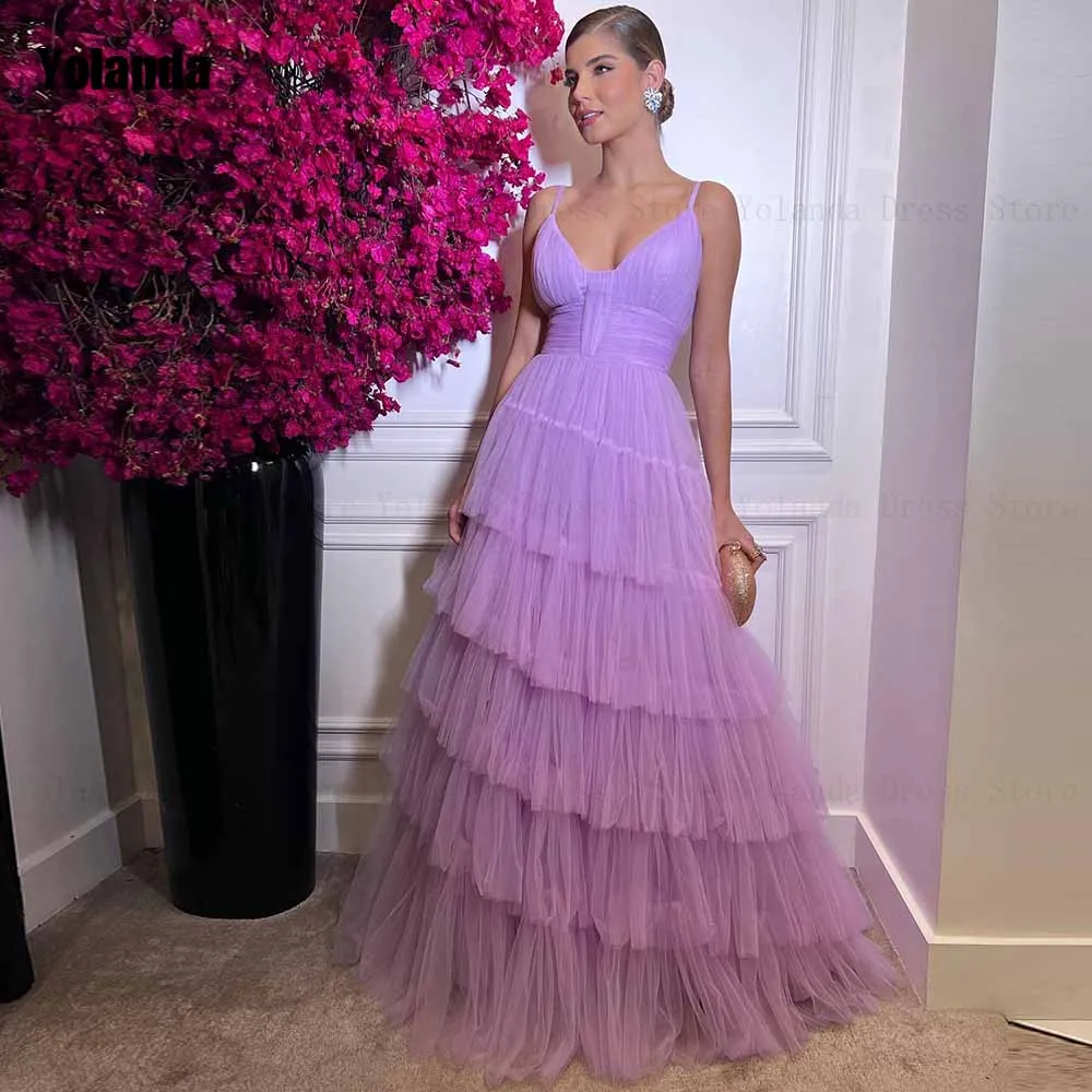 

Fashion 2024 New A-line Evening Dresses Layered Tulle Draped Pleat Open Back Brush Train Floor Length Party Dress Robe de soirée