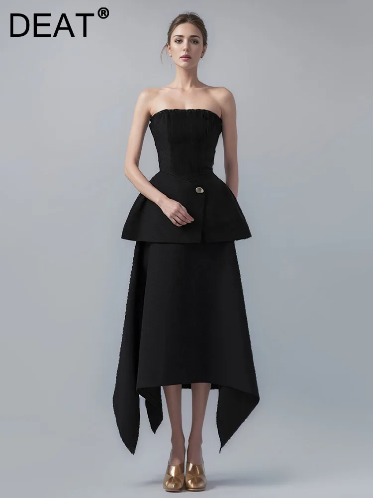 

DEAT Fashion Women's Evening Dress Slash Neck Pleated Splicing Waistband Mid-calf Irregular Strapless Dresses Summer 2024 New