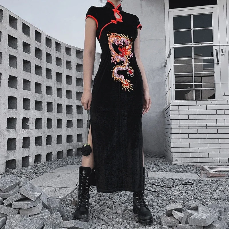 

Винтажное длинное платье-Ципао в китайском стиле Харадзюку с разрезом, женское готическое приталенное черное платье макси с вышивкой дракона