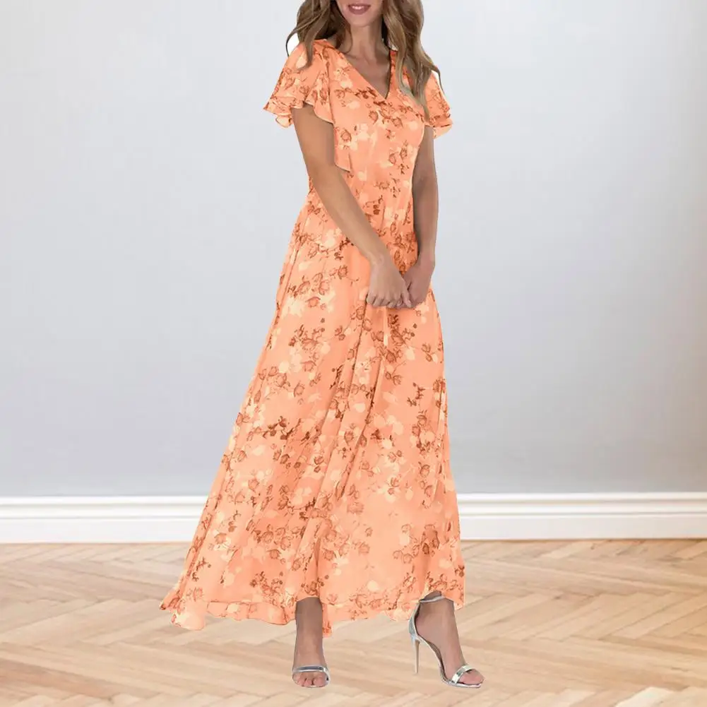 

A-line Silhouette Dress Floral Print V Neck Maxi Dress for Women Summer Beach Resort Wear with Ruffle Detail A-line Silhouette