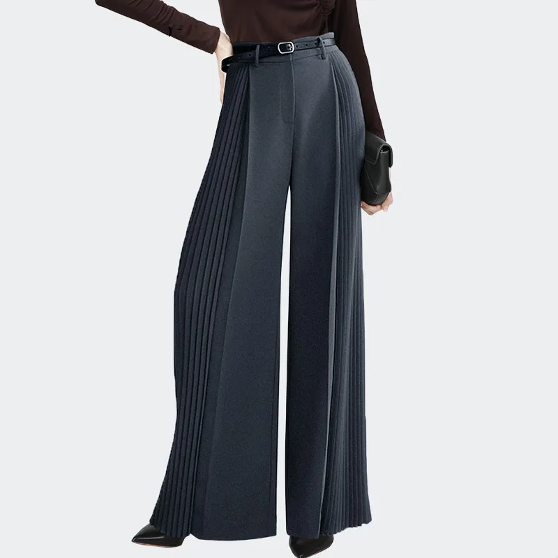 

Office Ladies Pleated Wide Leg Pants High Waist Floor-length Grey Suit Pants Fashion Casual Spring Summer Female Loose Bottoms