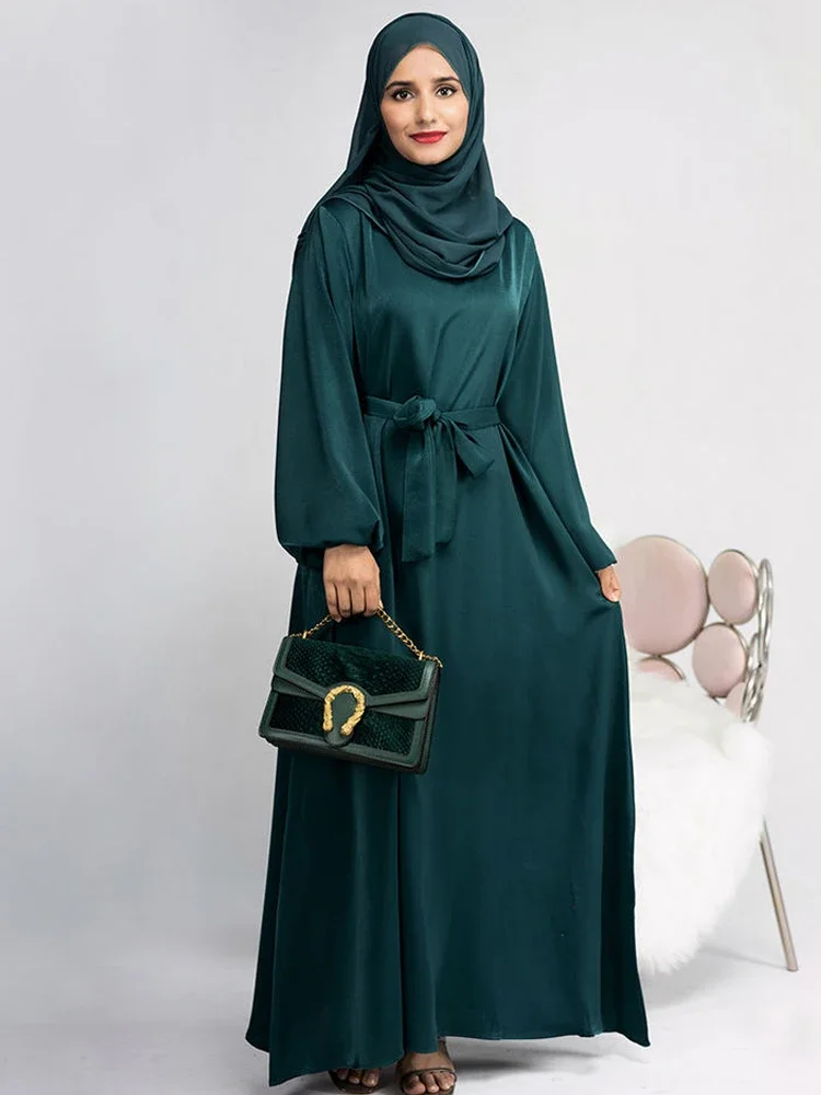 

Muslim Women Dress Long Sleeves Ramadan Eid Dubai Abayas Satin Islam Clothing Hijab Robe Turkish Modest Outfit Kaftan (No Scarf)