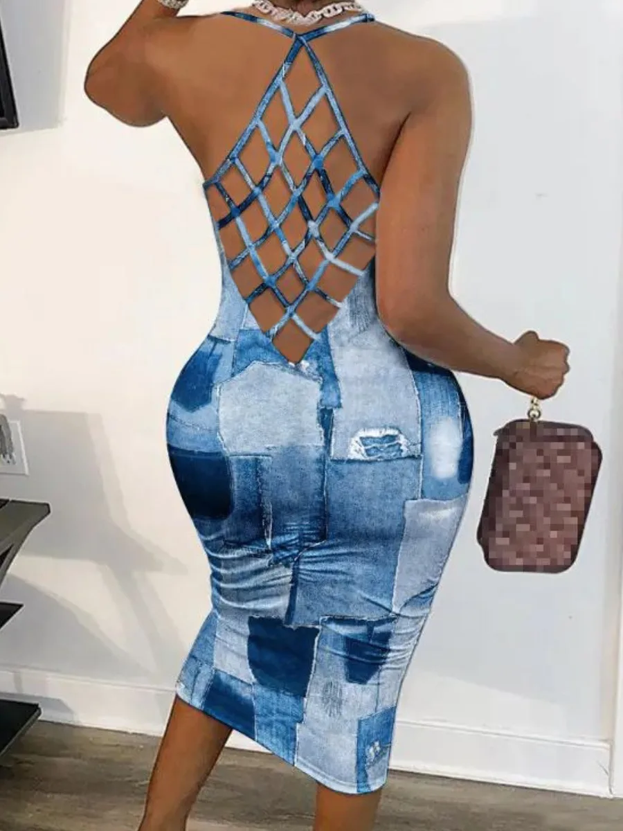 

LW SXY Imitation Denim Cut Out Bodycon Dress Women Summer Casual Dress Color Contrast Sleeveless U Neck Daily Midi Calf Dresses