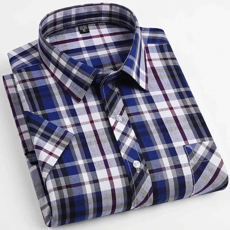 

Men's 100% Cotton Plaid Short Sleeve Shirts Pocket Classic Checkered 2024 Smart Casual Shirt Standard Fit Workwear Button Shirts