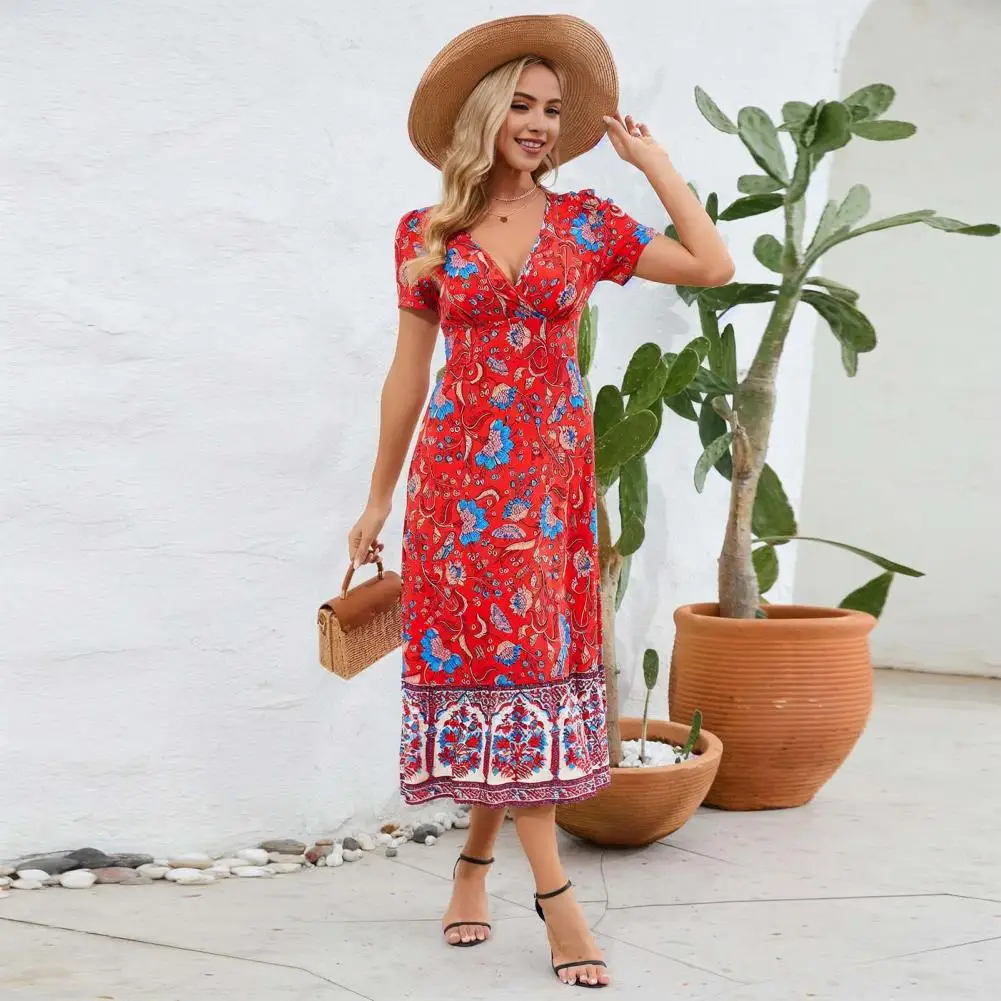 

Loose Fit Dress Bohemian Print V Neck Summer Dress with Retro Patchwork Hem for Women Stylish Mid-calf Length Vacation for A