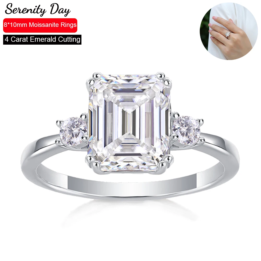 

Serenity Day 4ct Real D Color 8*10mm Emerald Cutting Moissanite Wedding Rings For Women S925 Sterling Silver Bands Fine Jewelry