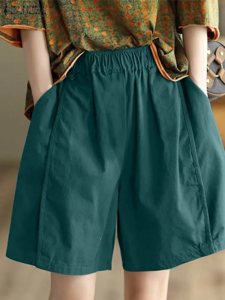 

Women Fashion Elastic Waist Shorts ZANZEA Casual Loose Solid Color Oversized Short Pants 2024 Summer Streetwear Wide Leg Trouser
