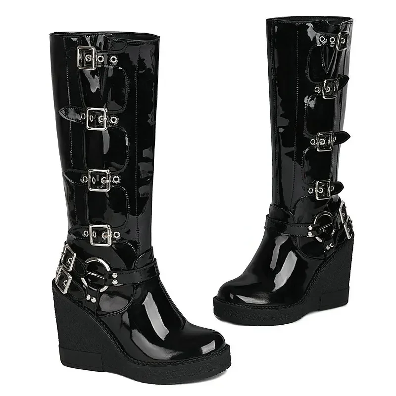 

Punk Goth Solid Black Round Toe Platform Wedges High Heeled Woman Shoes Winter Mid-calf Heels Western Boots With Buckle Belt