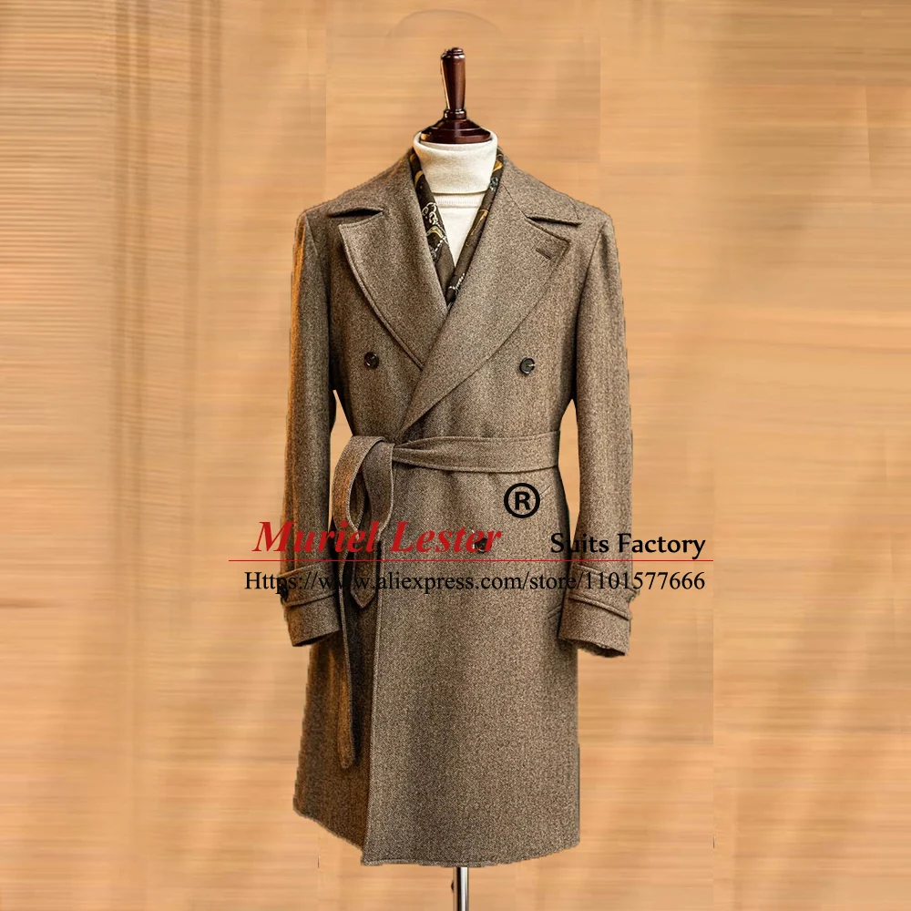 

Warm Herringbone Men's Suit Jacket Formal Business Outwear Brown Tweed Wollen Blend Coat Long Tailored Overcoat Plus Size Blazer