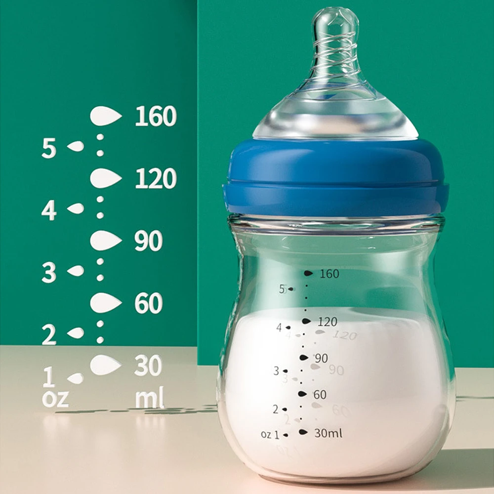 Botella de vidrio para recién nacido de 160ML, calibre ancho, sin BPA, escala transparente, vidrio de alto borosilicato, resistencia a altas temperaturas, regalo S1458843e7d744f70aa10f79d7b9ac19f7