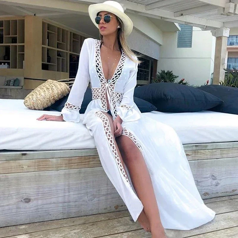 

Women Swimsuit Crochet Beach Cover Up dress Sleeve Kaftan Beach Tunic Long Pareos Bikinis Cover ups Summer Robe Plage Beachwear