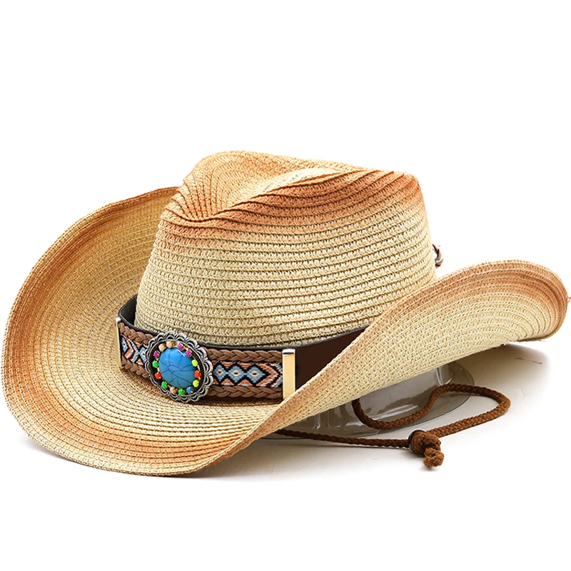 

New cowboy hat Panama Straw Hat Summer Turquoise ribbon Women Men Wide Brim Beach Sun Cap UV Protection Jazz Fedora Hat