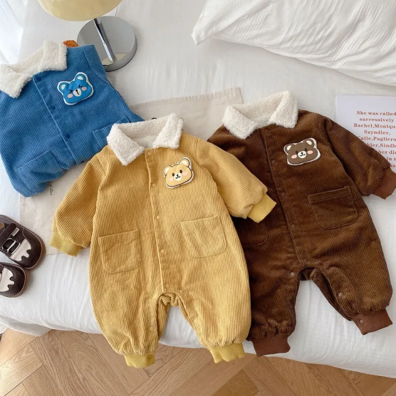 

2023 Winter Baby Clothes Fur Lining Corduroy Rompers Turn-down Collar Toddler Boys Jumpsuits Thicekn Warm Girls Outfit