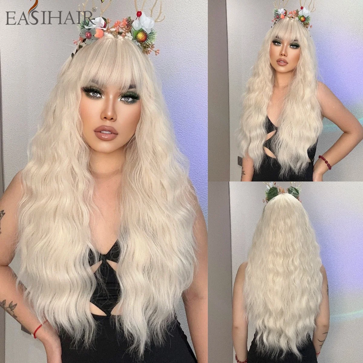 

Synthetic Platinum Blonde Wig Long Curly Wavy Wig with Bang for Black Afro Women Daily Natural Cosplay Party Heat Resistant Hair