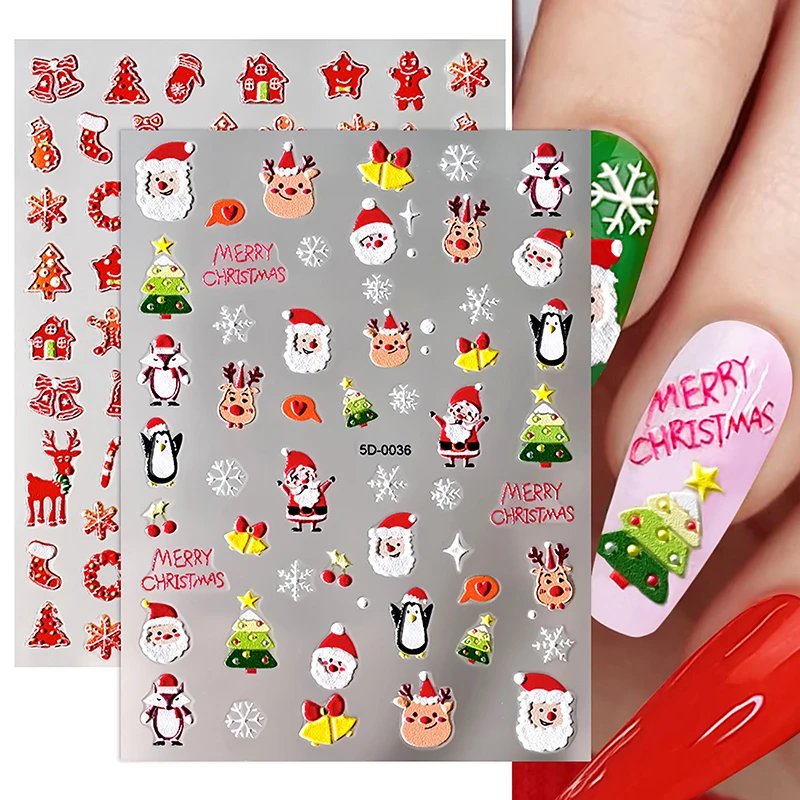 

1 Sheet New Christmas Embossed Nail Stickers Santa Claus Cartoon Elk Snowflake Self Adhesive Slider DIY 3D 5D Nail Art Decal