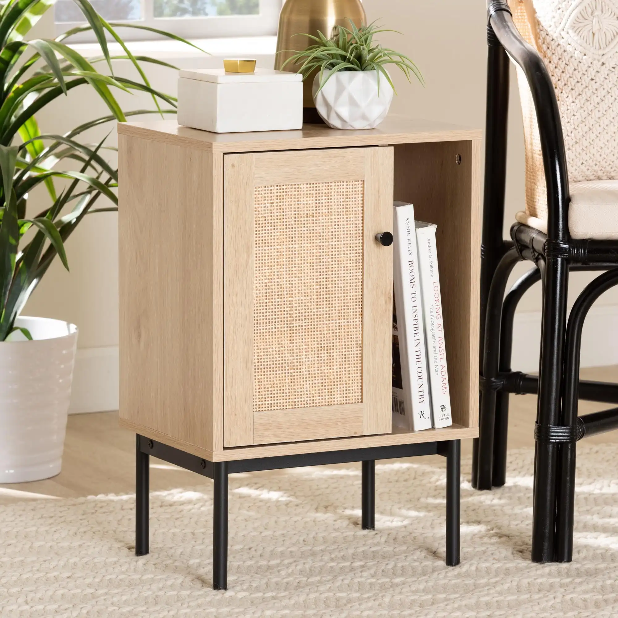 Baxton Studio Sherwin Mid-Century Modern Light Brown and Black 1-Door Cabinet with Woven Rattan Accent
Baxton Studio Sherwin Mid-Century Modern Light Brown and Black 1-Door Cabinet with Woven Rattan Accent