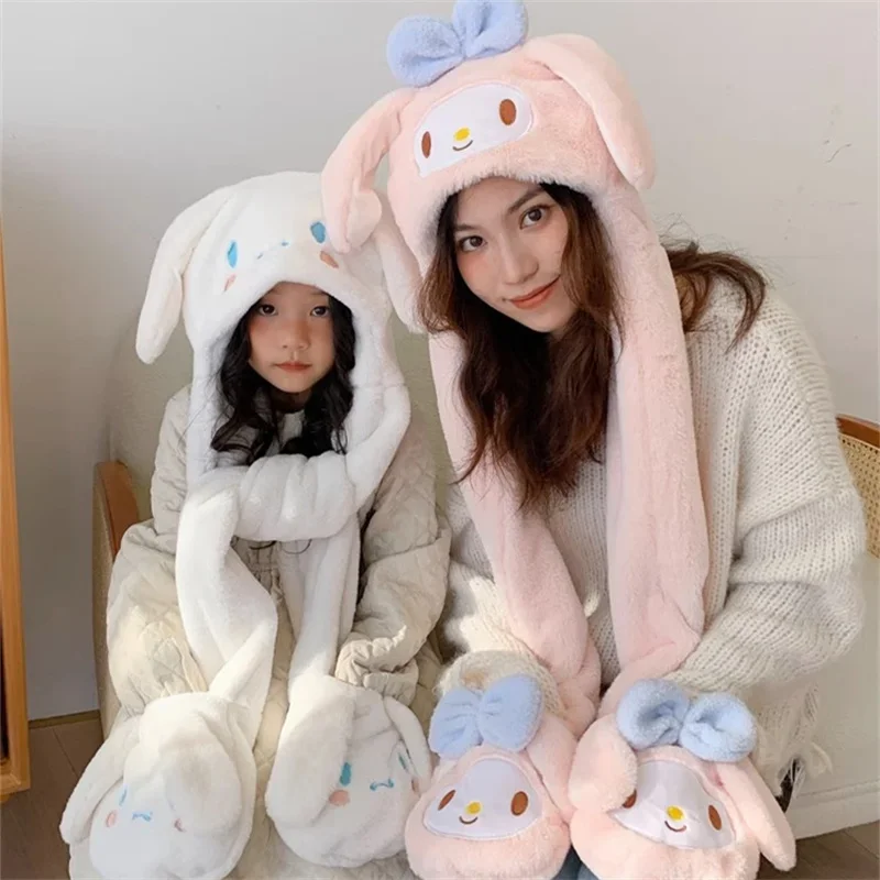

Kawaii Sanrio Cinnamoroll Ears Move Plush Hat Scarf Gloves Trinity Anime Kuromi My Melody Winter Cute Warm Girl Girlfriend Gift