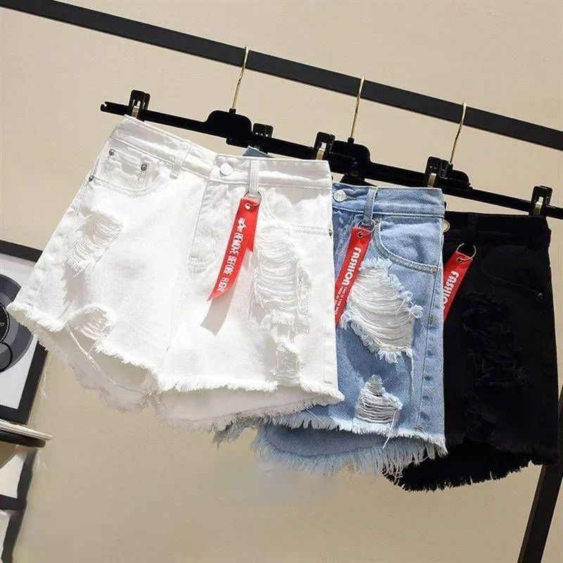 

High Waist Tassel Broken Denim Shorts Female Summer Korean Version Raw Edge Wide Leg Loose Plus Size Jean Shorts for Women S-6XL