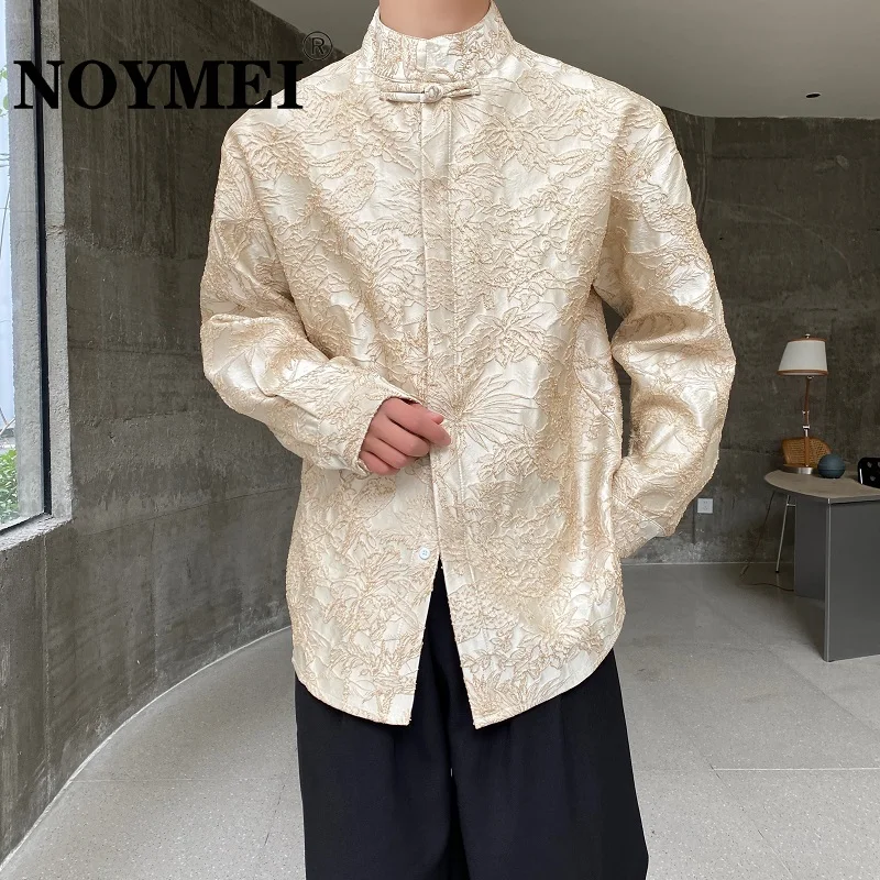

NOYMEI Spring New Jacquard Chinese Stand Neck Knot Button Long Sleeved Men's Shirt 2024 All-match Apricot Male Top WA3821