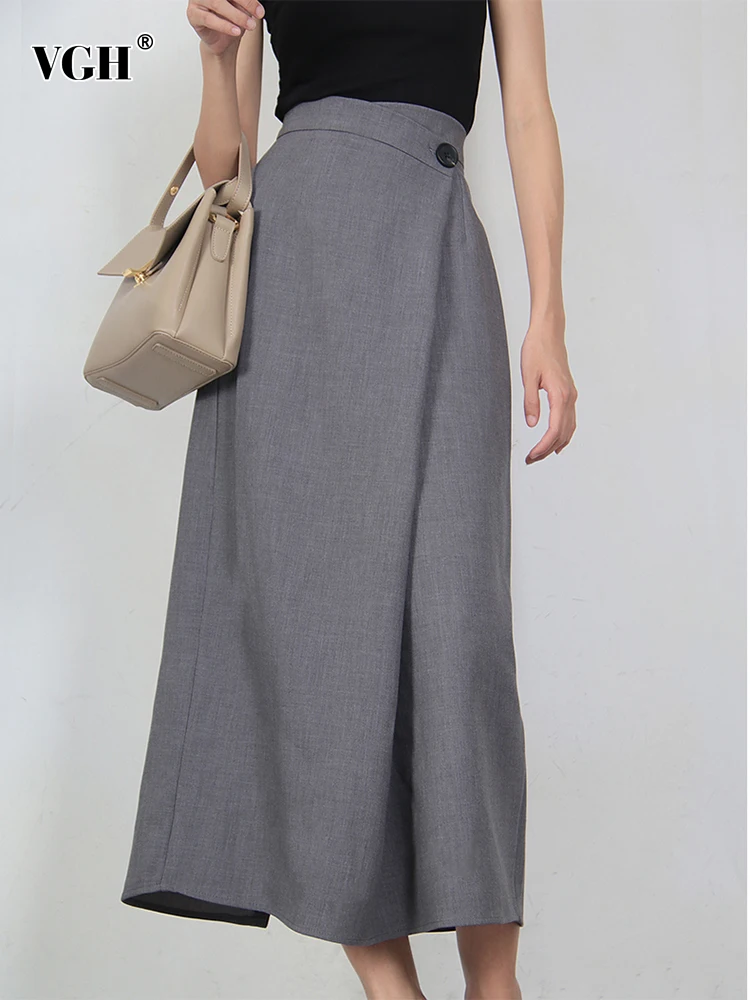 

VGH asymmetrical split skirts for women high waist a line spliced button solid tunic folds casual skirt female fashion clothes