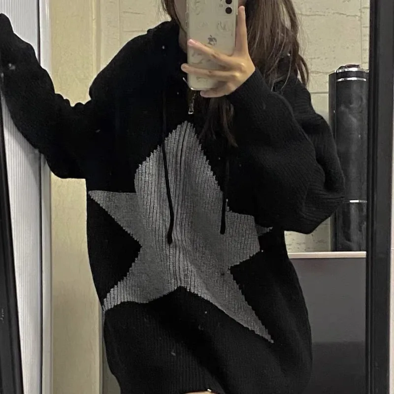Vintage Women's Sweater Korean Fashion Star Oversized Black Cardigan New Knitwear Preppy Style Hooded Sweaters Aesthetic
Vintage Women's Sweater Korean Fashion Star Oversized Black Cardigan New Knitwear Preppy Style Hooded Sweaters Aesthetic