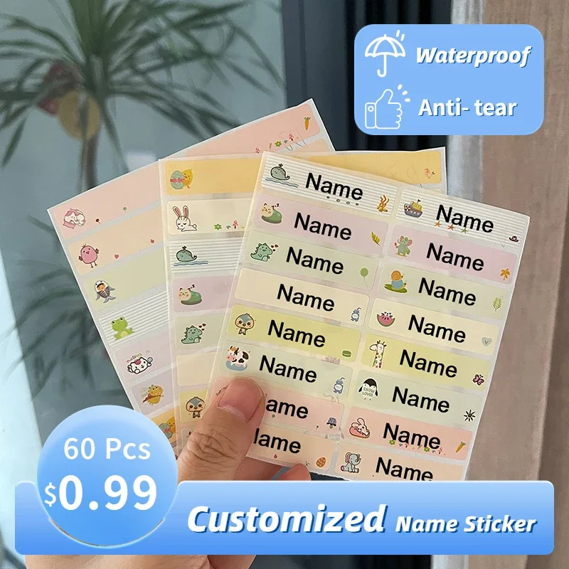 

60pcs Name Tag Sticker Customize Waterproof Stickers Children School Stationery Water Bottle Pencil Kawai Name Labels for Kids