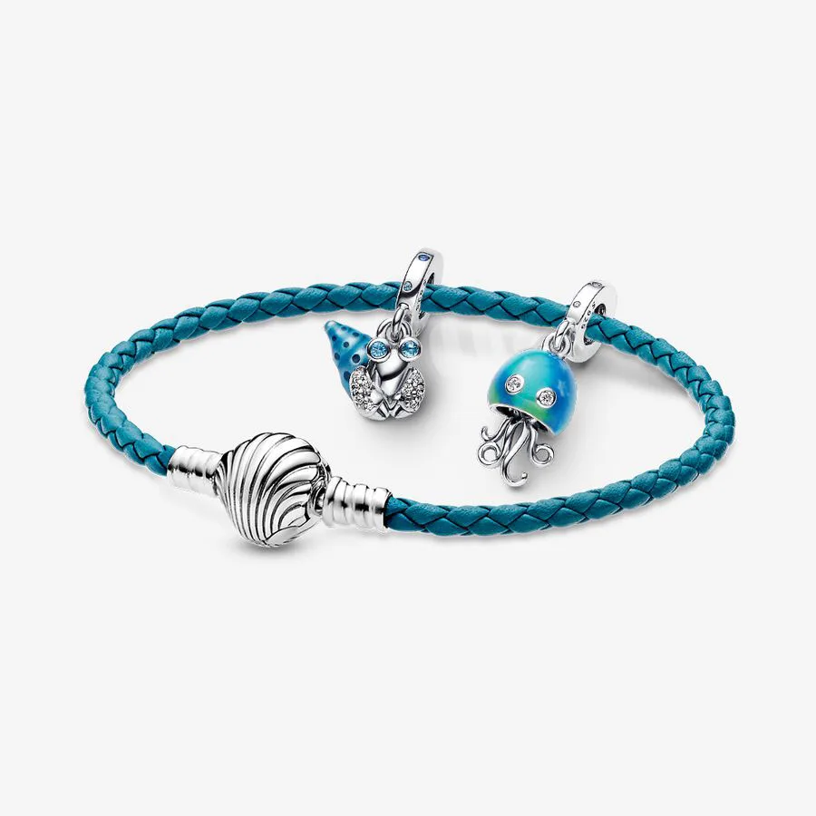 

2023 New 925 Silver Moments Seashell Clasp Turquoise Braided Leather Bracelet Fit Original DIY Bracelet Charm Jewelry Set