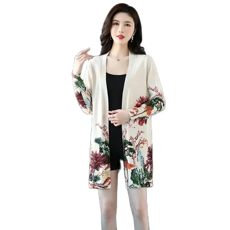 

Long Printed Sweater Cardigan In National Style 2023New Spring And Autumn Rich Woman Mother Shawl Air-conditioned Shirt in Tide