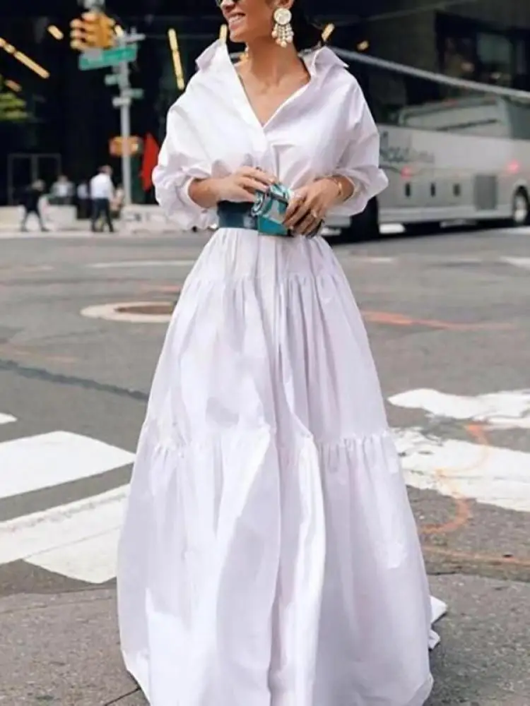 

Yeezzi Urban Female Stylish Selection Solid Color Lapel Pleated A-Line Dress 2023 Spring Long Sleeves Loose Maxi Dresses