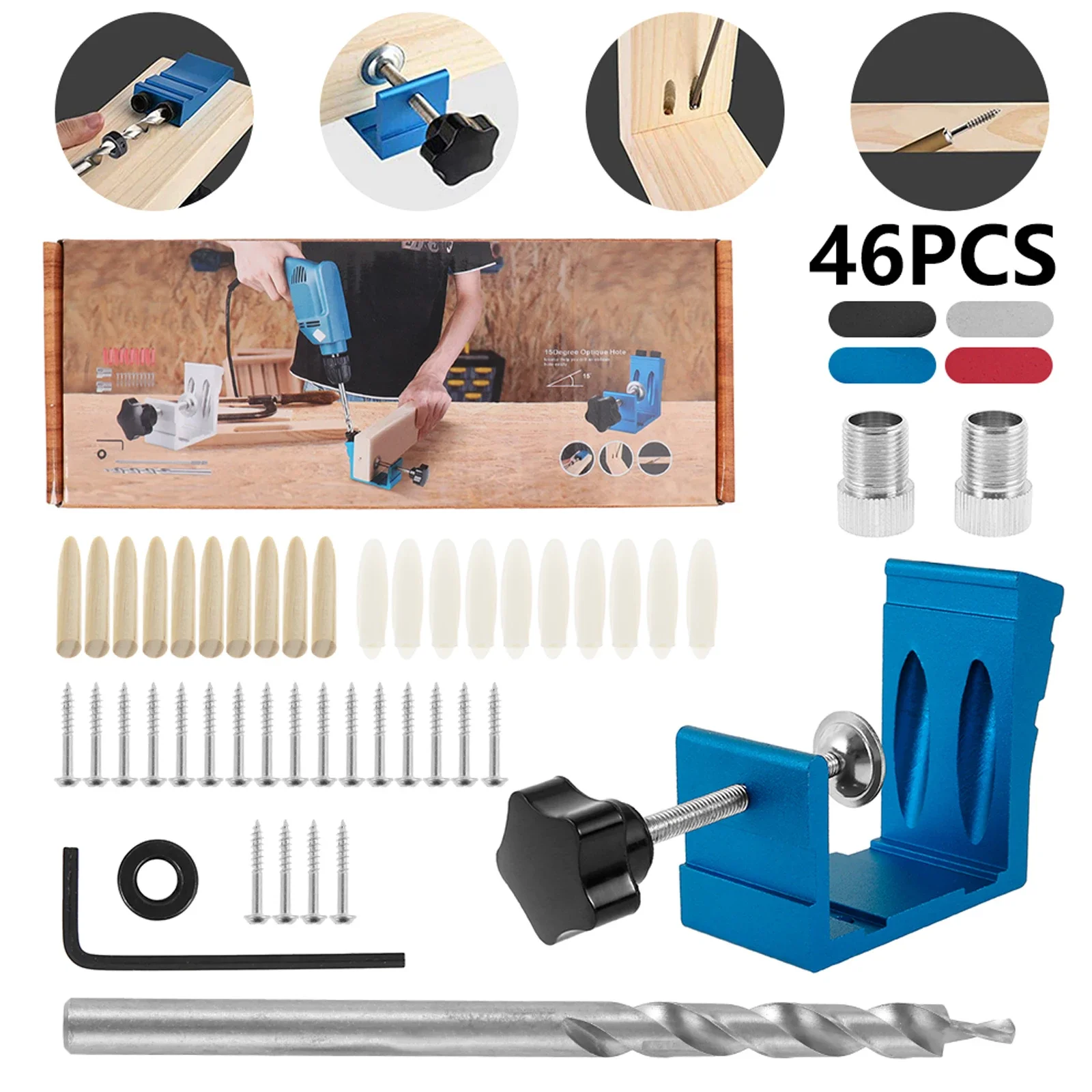 46pcs Pocket Hole Drill Puncher Jig Kit Angle Drill Guide Set for Wood Hole Saw Step Drill Bits Screwdriver Bit Woodworking Tool
46pcs Pocket Hole Drill Puncher Jig Kit Angle Drill Guide Set for Wood Hole Saw Step Drill Bits Screwdriver Bit Woodworking Tool