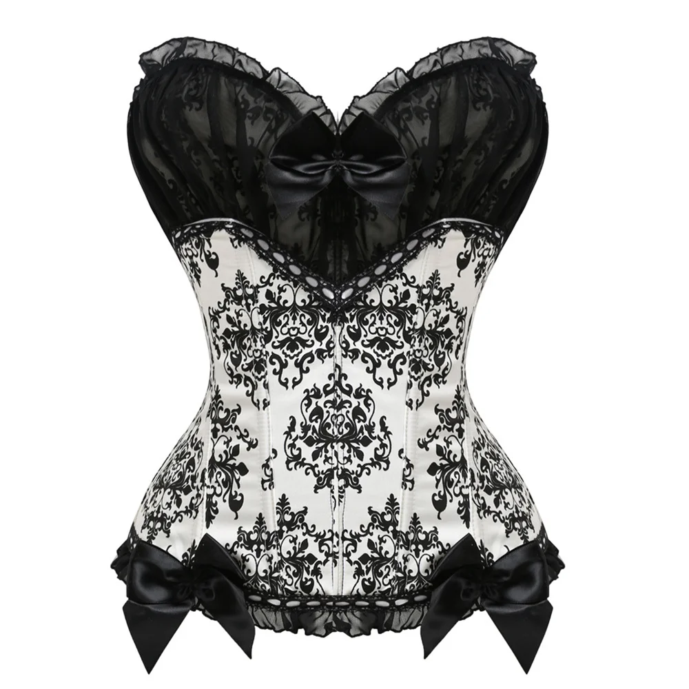 

Sexy Women's Black and White Floral Printed Corset Top Lace Bowknot Decorated Body Shaper Sexy Gothic Overbust Corset