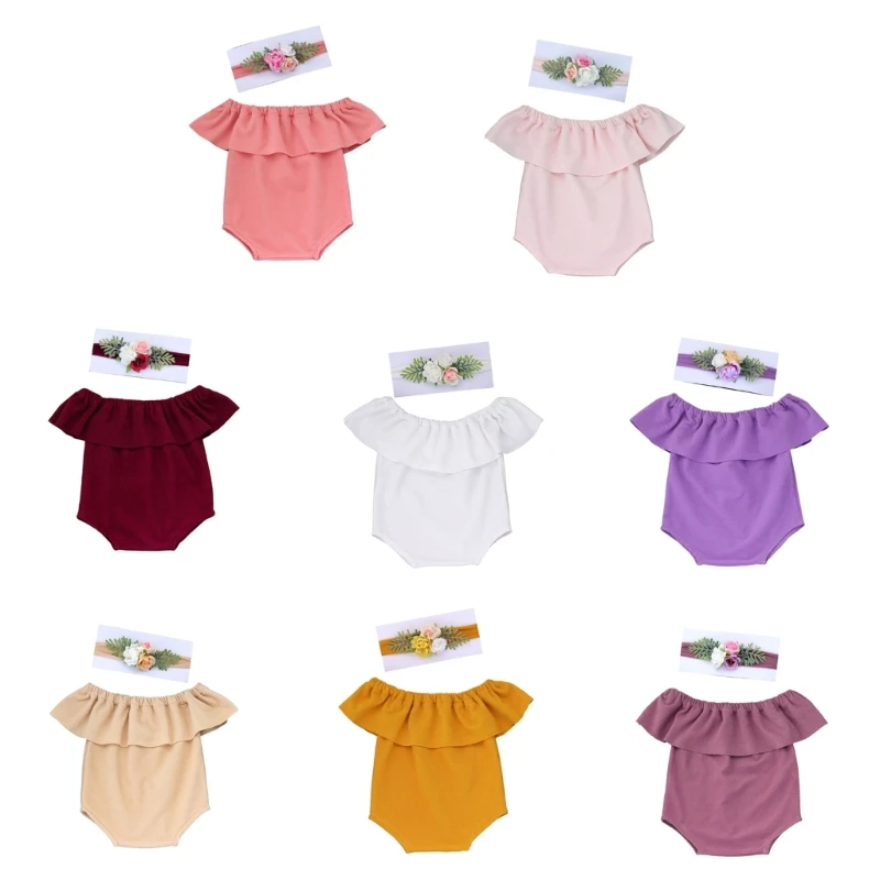 

Newborn Girls Photoshoot Clothing Spring Summer Shoulder Jumpsuit Props for 0-1 Month Infants with Matching Headwear 40JC