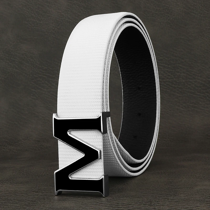 

High Quality M Letter Designer Belt Men Fashion Luxury Famous Brand Genuine Leather Belt White Casual Waistband Cinto Masculino