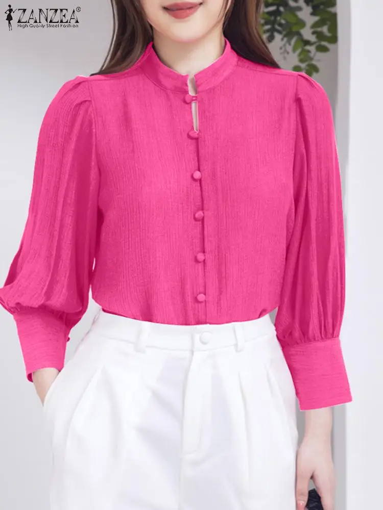 

ZANZEA Women Shirt 2024 Spring 3/4 Puff Sleeve Stand Collar Tops Elegant Retro Buttons Tunic Fashion Temperament Female Blusas