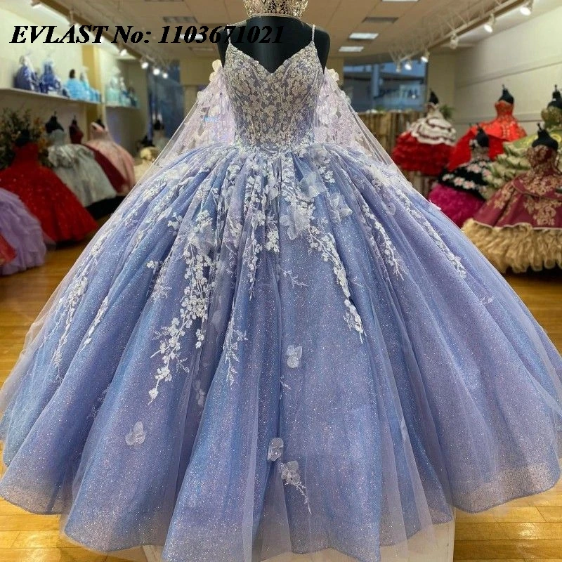 

EVLAST Shiny Blue Quinceanera Dress Ball Gown White Floral Applique Beading With Cape Sweet 16 Vestidos De XV 15 Anos SQ64