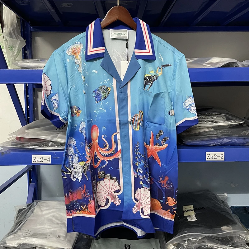 

Asian Size Real High Quality Casablanca Fashion Blue Ocean Shirts Contton High Quality Beach Surfing Casual Shirts Men Clothing