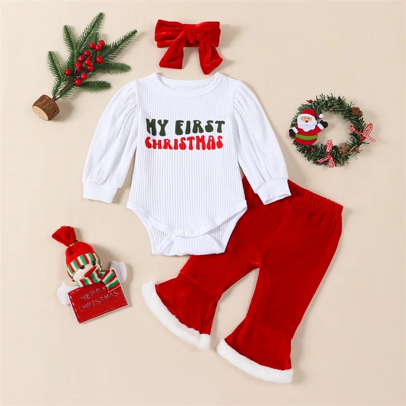 

Newborn Toddler Baby Girl Christmas Outfits Long Sleeve Santa Baby Letters Pullover Tops Bell-Bottoms Flare Pants