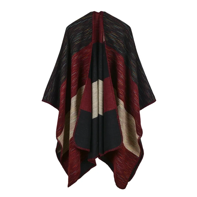 

European Thickened Autumn Winter Rainbow Wide Strip Dual-purpose Shawl Warm Imitation Cashmere Shawl Cape Ponchos Red