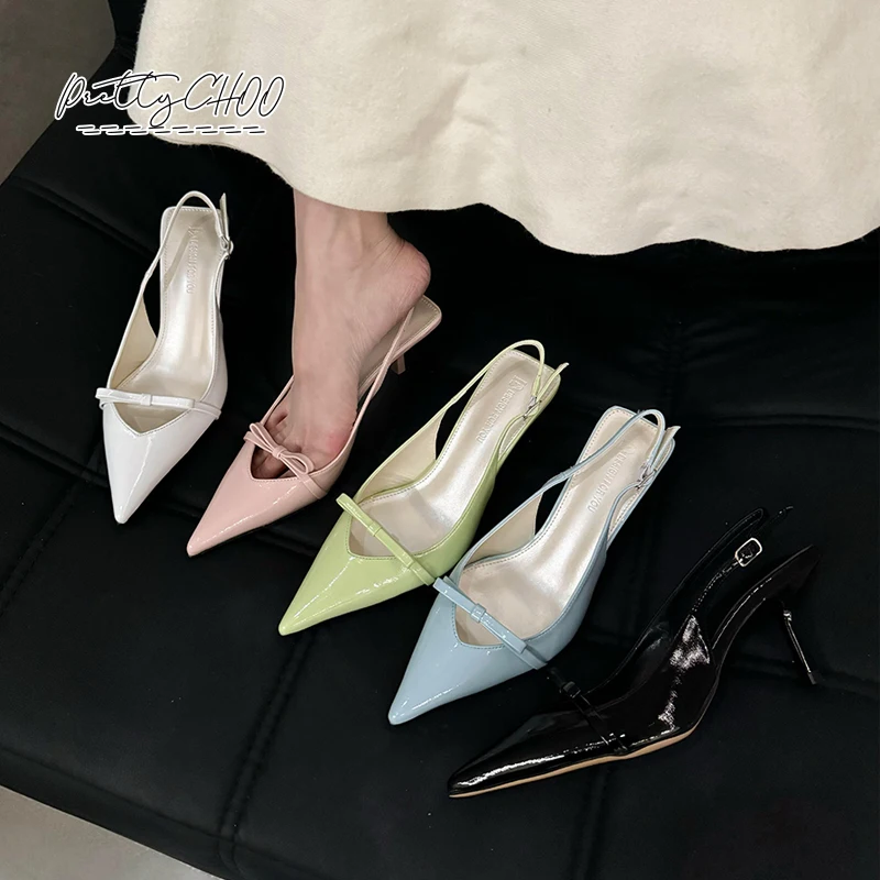 

Patent Leather Bowknot Slingback Sandals Woman Spring Pink Blue Low Heel Pump Sandalias Ladies Sweet Bright Color Dress Shoes