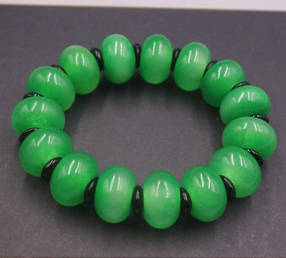 

Natural Jade Men Women Gift Lucky 19.5mm Wide Black Green Flat Abacus Beaded Bracelet