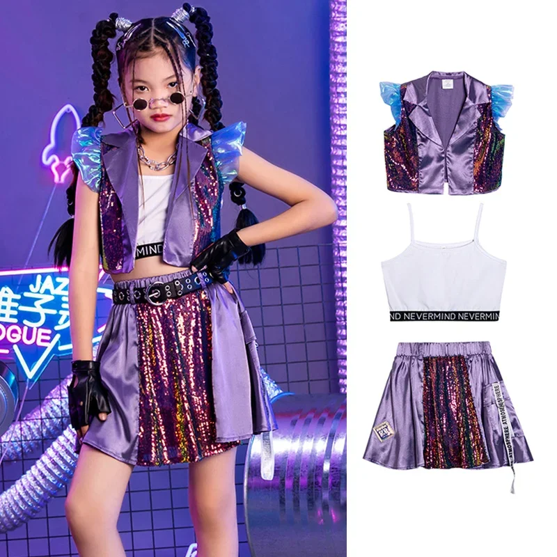 

Children Cheerleading Outfit Fashion Catwalk Show Stage Costume Kpop Clothing Purple Sequins Jazz Dance Clothes