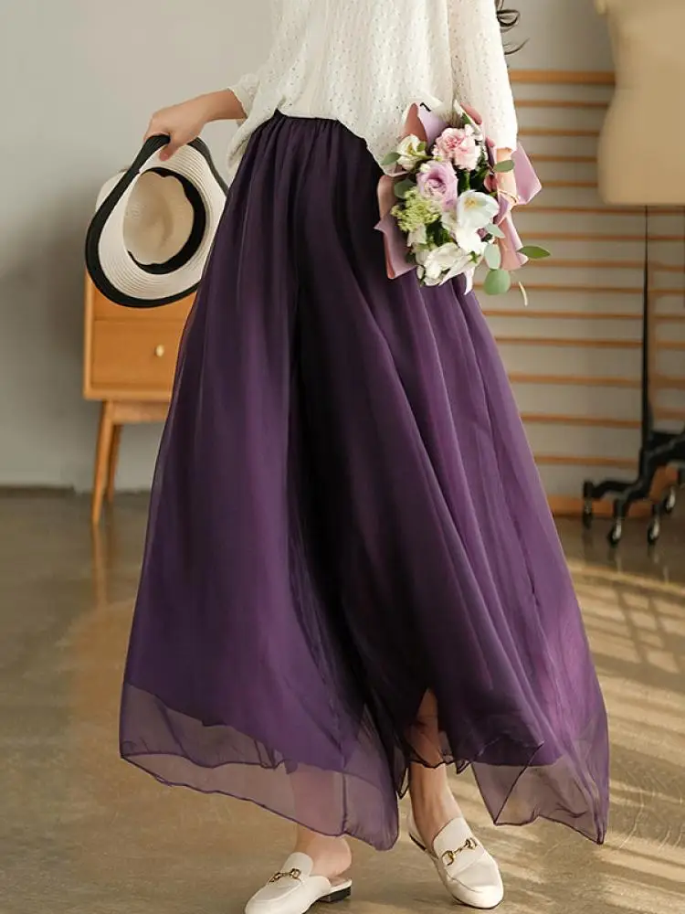 

Missuoo 2023 New Women's Wide-legged Culottes Elegant High Waisted Chiffon Loose Casual Pants Female Adult Solid Color Skirt