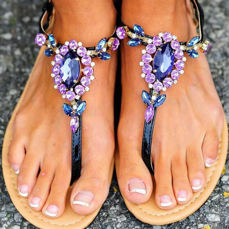 

Glitter Purple Rhinestone Embellished T-strap Thong Toe Sandals Flats Fashion Summer Ladies Gem Crystal Beach Sandalias Zapato