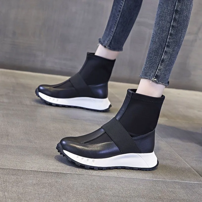 

Women Chelsea Boots Spring New Black Mid Ankle Flat Platform Lady Shoes Female All Match Classic Concise Fashion Round Toe Shoes