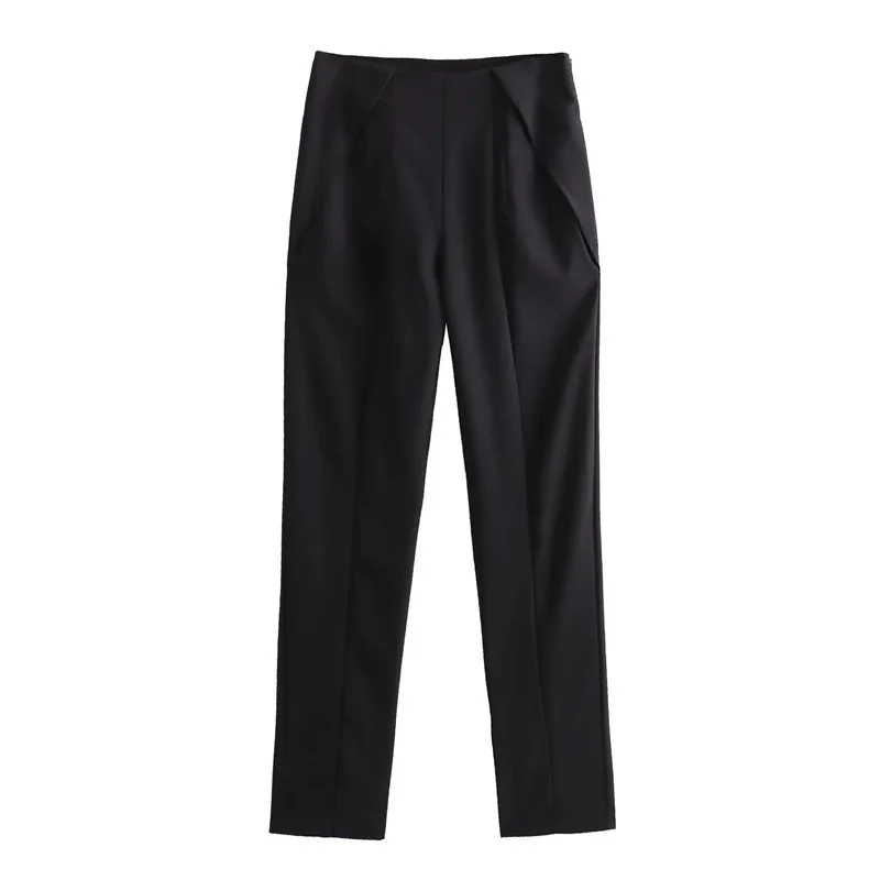 

TRAF Straight Leg Pleated Pants Sets Woman Black Fall High-Waisted Pocket Pant Commuter Vents At Hem Long Trousers 2 Pieces Sets