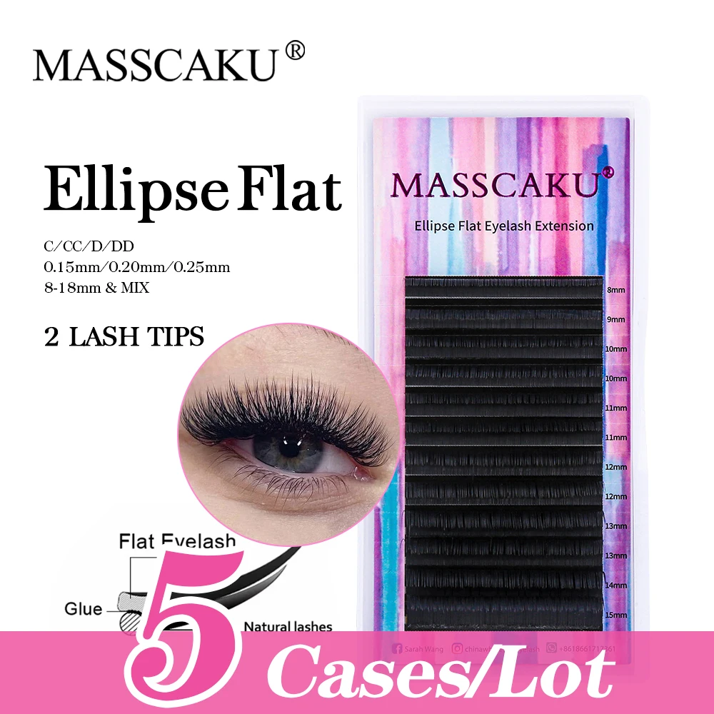 

MASSCAKU 5cases/lot Professional Ellipse Flat Lashes Split Tips Ellipse False Individual Mink lash Soft Natural Eyelash Supplies